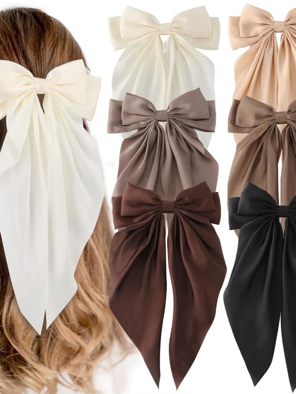6 PCS Hair Bows for Women, Big Bow Hair Clips for Girls, Silky Satin Hair Bows C